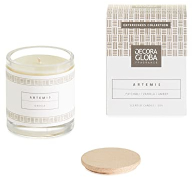 DECORAGLOBA - Vela Aromática en Vaso de Cristal - Fragancia ARTEMIS - Aroma a vanilla, coco y especiado - Colección Grecia Experience - 50 Horas de Quemado (220gr)
