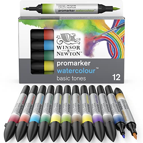 Winsor & Newton 0290165 ProMarker Aquarellmarker - 2 Spitzen, Pinsel- und feiner Spitze, lichtecht, hochpigmentierte Aquarellfarben für Kalligrafie, Zeichnungen, 12 Farben Set Grundfarben