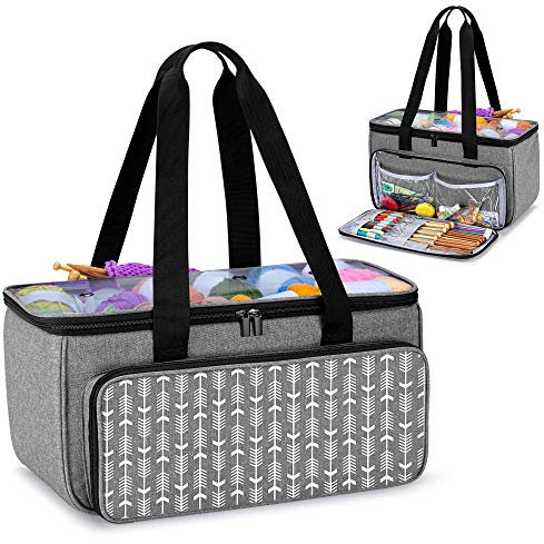 Yarwo Tasche für Garnaufbewahrung, Stricktasche zur Aufbewahrung von Wolle, Handarbeitstasche mit Großer Kapazität für Häkelnadeln, Strickgarn und Stricken Zubehör, Grau mit Pfeilmuster