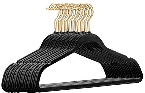 25 Stück hochwertige Samt Kleiderbügel in der Farbe Schwarz mit Gold Look Haken/Anti-Rutsch/von StickandShine