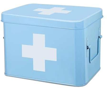 Flexzion Erste-Hilfe-Kasten-Organizer, leer, 21,6 cm, blau, Vintage-Verbandskasten, Zinn-Metall, medizinische Box, Erste-Hilfe-Aufbewahrungsbox, Behälter mit Trennwänden, herausnehmbarem Tablett und