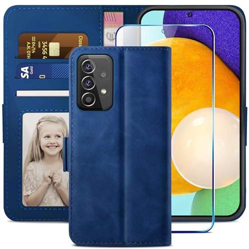 YATWIN Handyhülle für Samsung Galaxy A52S 5G Hülle +1 Stück Panzerglas Schutzfolie, Klapphülle Samsung Galaxy A52 Premium Leder Brieftasche Schutzhülle [Kartenfach][Stand] Handytasche Case, Blau