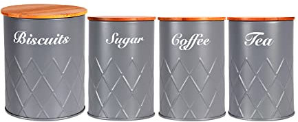 HOCHSTE Kitchen Storage Tins 4pcs Canister Set Bamboo Lid Tea Coffee Sugar Jar (Grey - 4 Round Jars)