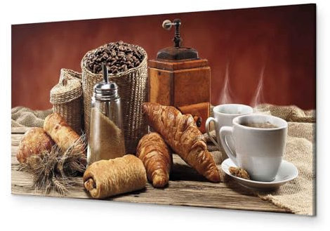 murando - Wandbilder XXL Küche Kaffee 90x30 cm 1 tlg - Wand Deko Vlies Leinwand Bilder Groß Wanddeko Wohnzimmer Schlafzimmer Kunstdrucke Panoramabild - Croissant Kaffeetasse Kaffebohnen Frühstück
