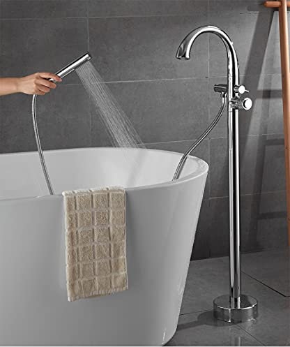 Huin Grifo de pie para bañera, mezclador de agua fría caliente, grifo para bañera, montado en el suelo, con ducha de mano-Cromo