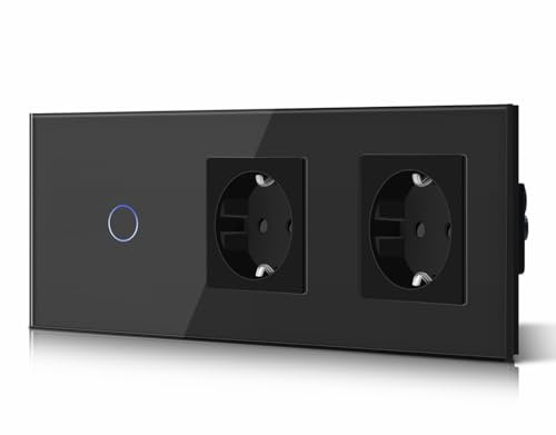 BSEED Interruptor táctil y enchufe pared,Panel de Vidrio con pulsador LED,Conmutador Modernos,Sin Función Wifi,1 Gang 1 Vía+2 Enchufes,228mm Negro