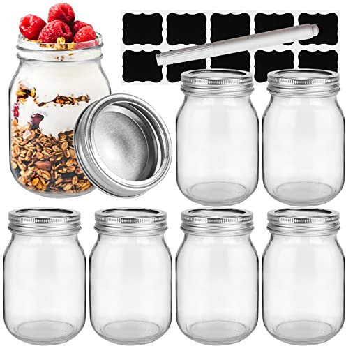 16 oz Glass Mason Jars, 6 Pack 500 ml Canning Jars with Regular Mouth Lids, Glass Jars Storage Containers for Overnight Oats, Jam, Jelly, Honey, Beans, Spice, Wedding Party Favor, Shower Favors