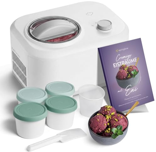 SPRINGLANE Eismaschine Eni 1 L mit selbstkühlendem Kompressor 100 W, Eiscremebereiter mit entnehmbarem Eisbehälter inkl. Eisbehälter für Speiseeis mint 4er-Set 400 ml