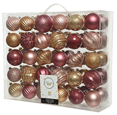 Kaemingk Weihnachtskugeln Kunststoff 6-7cm x 60 Stück Ornamente Mix Christbaumkugeln Set rosa beige Hellrosa