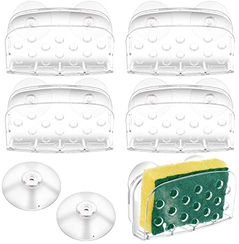 Lot de 4 porte-éponges d'évier avec ventouses en plastique transparent pour salle de bain, cuisine, bureau, 10 x 6 x 4 cm