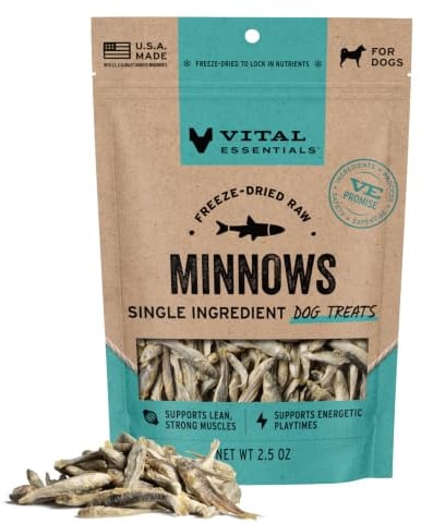 Vital Essentials Freeze Dried Raw Single Ingredient Dog Treats, Minnows, 2.5 oz | Single Ingredient 100% Minnow, Premium Quality Protein, Grain-Free Treats, USA Made with U.S. & Globally Sourced Ingredients