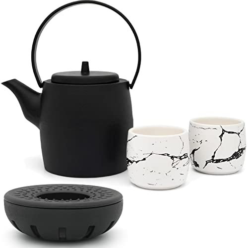 Bredemeijer Gusseisen Teepot 1.2 Liter Teekanne mit Teewärmer & 2 Porzellan-Tassen (Becher) & Edelstahl Tee-Filter Sieb-Einsatz - ideal für lose Teesorten