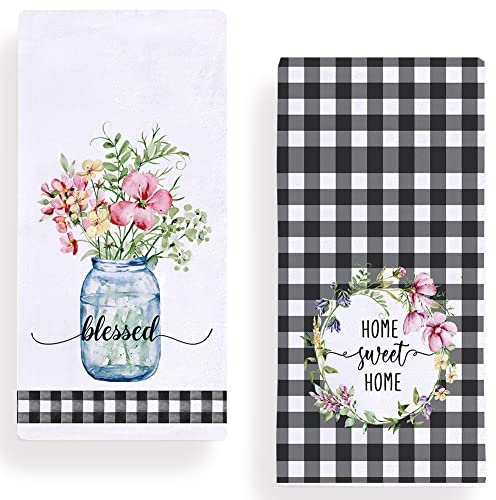 Buffalo Plaid Flowers Küchen-Geschirrtücher, 45,7 x 71,1 cm, gesegnet, süßes Zuhause, Frühling, Sommer, florale Geschirrtücher zum Kochen, Backen, 2 Stück