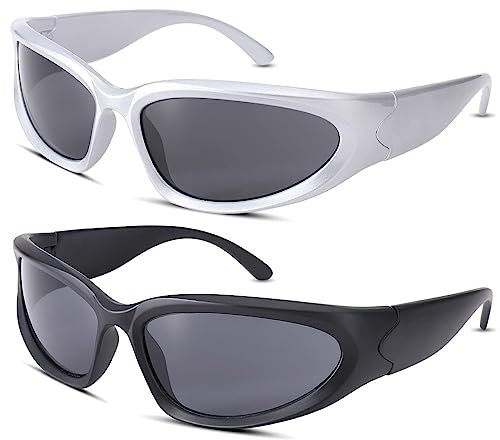 Charfia 2 Stück Sport Sonnenbrille, Wrap-Around-Sonnenbrille für Herren Sonnenbrillen Fahrradbrille Herren, Sunglasses Woman Man, Vintage Sonnenbrille Herren Damen Verspiegelt mit UV400-Schutz