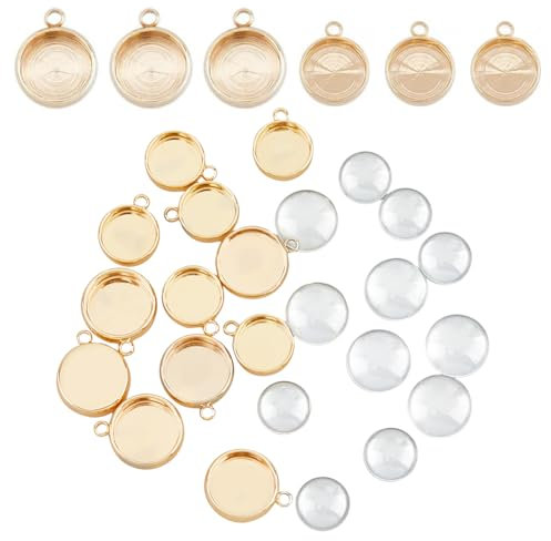 SUPERFINDINGS 2 Sizes 18K Gold Plated Flat Round Pendant Trays Kit Including 12 Sets Blank Bezel with Clear Glass Cabochons Tray Bezels Dome Charm Blanks for Necklaces Keychains Jewelry Making