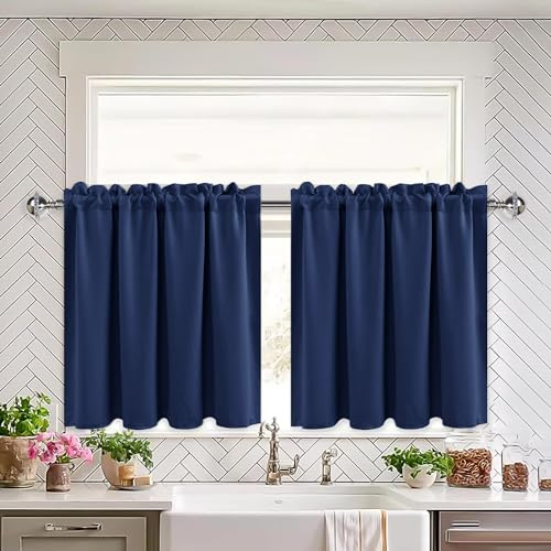 XWZO Gardinen Blackout, Vorhänge Blickdicht, Küchengardinen Bistrogardine Kurzer Scheibengardinen für kleines Fenster, Wohnwagen, B 66cm x H 77cm, Navy Blau pro Paneel, 2er Set