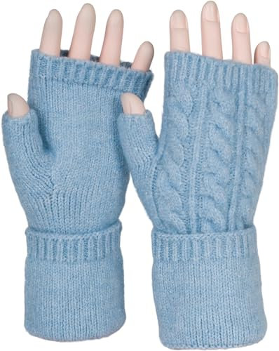 styleBREAKER Damen Fingerlose Handschuhe mit Zopfmuster und dezentem Metallic-Faden, Winter Strickhandschuhe 09010042, Farbe:Hellblau