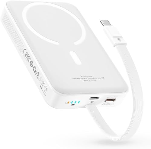 Baseus Magsafe Power Bank PD 30W, 10000mAh Powerbank Magnetica con Cavo USB-C Integrato (Carico/Scarico) per iPhone Serie 15/14/13/12, Mini Power Bank, Batteria Esterna Piccola ma Potente, Bianco