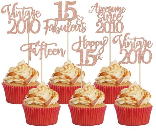 30 Stück Vintage 2010 Tortendeko Glitzer Happy 15th Fifteen Awesome Since 2010 Cupcake Toppers 15 Fabulous Kuchen Deko für 15. Geburtstag Hochzeitstag Party Kuchen Dekorationen Rosegold