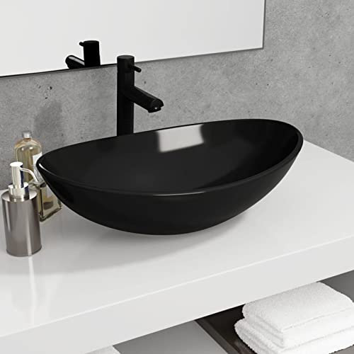 ZEYUAN Lavabo de Vidrio, Lavabo sobre Encimera, Lavamanos para Baños, Lavabo Baño, Mueble Lavabo, Muebles De Baño, Templado Negro 54,5x35x15,5 cm