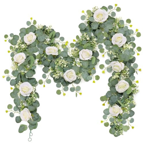 Dremisland 2 Stück Künstliche Blumengirlande Eukalyptus Rosen Girlande Seidenblumen Kunstblumen Girlande Eukalyptus Deko Grün Hängepflanze Rosenrebe für Hochzeitsbogen Party Wand Garten Dekor