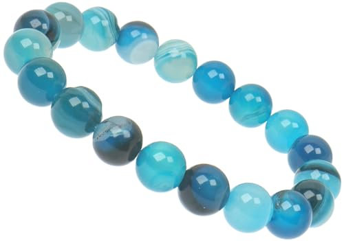 ELEDORO Stretch Armband aus echten Edelsteinen-Perlen 10mm: für Energie und Harmonie (Streifen Achat blau)