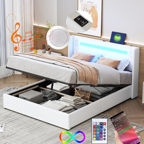 Bett 160x200 mit LED und USB und Bluetooth-Player, Polsterbett 160x200 mit Stauraum und Kopfteil, Doppelbett mit Lattenrost und Bettkasten, Jugendbett Stauraumbett mit PU-Leder Bettgestell Weiß