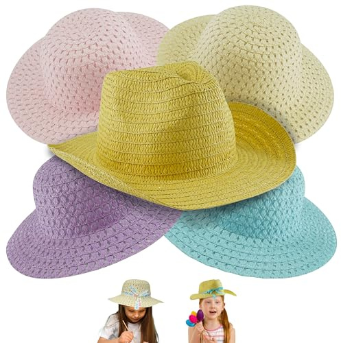 5 x Osterhüte, Sommer-Strandhüte für Ostern, Kunst und Handwerk, Einheitsgröße für Kinder, Jungen, Mädchen, Erwachsene, Osterhüte, Teeparty, Reisegeschenk, verschiedene Farben, Strohhüte