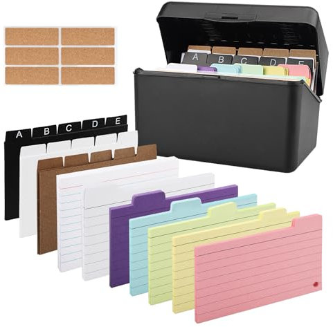 230 Karteikarten mit Karteikasten Schwarz Bunt Liniert 15 Register 6 Ringen 6 Aufkleber Karteikarten Box,10 Farben Flashcards Vokabelkarten Karteikarte für Schulsachen Büro Zuhause Lernen Notizen