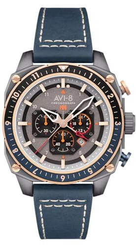 AVI-8 Men's 44mm Hawker Hunter Atlas Dual Time Chronograph Charcoal Grey Watch with Leather Strap AV-4100-07