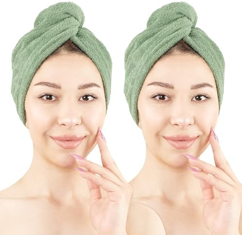 Hammetex 100% Baumwolle Haartücher Damen, 2 Stück Flaumig Schnell Saugfähig Schnelltrocknendes Haarturban Haarhandtücher mit Knopf, Salbei Grün