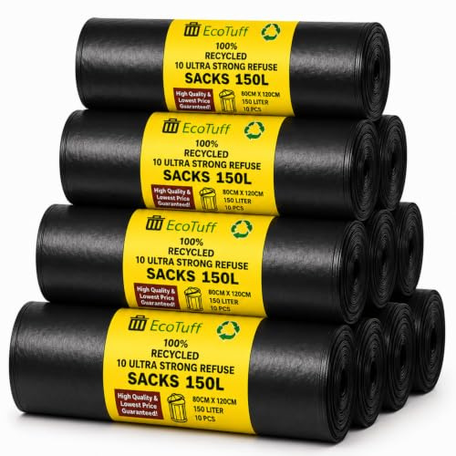 Black Bin Bags Heavy Duty 150L, EcoTuf 100 Pack Black Sacks, Garden Waste Bags, Wheelie Bin Liners for 120L Bins, Large & Strong 60Kg Resistant, Rubble Sacks, Refuse Sacks 150 Litre Heavy Duty Bin Bag