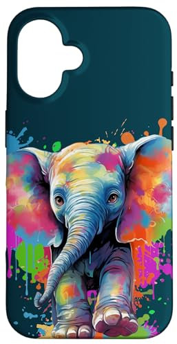 Kleiner Elefant mit Kulleraugen und bunten Farbklecksen Hülle für iPhone 16