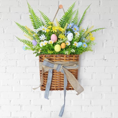 Whemyreat 35 cm Easter Wreath with Eggs for Front Door, Spring Wreath for Front Door, Artificial Dried Flowers Door Wreath Flower Basket for Spring and Easter, Front Door Decoration for Indoor and