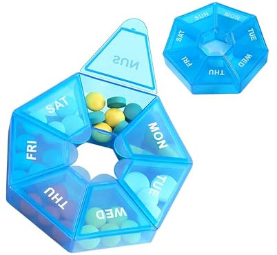 7 Day Round Weekly Pill Box Organiser Travel Dosset Box Portable Tablet Organizer Medicine Storage Box Pill Dispenser | Easy to Open Snap Shut Lids - 1 Times a Day for Pills/Fish Oil/Vitamins (Blue)