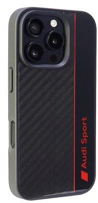 Audi Sport Handyhülle - Kompatibel mit iPhone 16 Pro - Stoßabsorbierende Hülle mit Carbon - mit präzisen Aussparungen für Kamera, Anschlüssen & Tasten - Schwarz mit roten Details