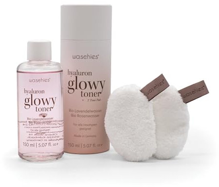 waschies Hyaluron Glowy Toner, feuchtigkeitsspendend, für alle Hauttypen geeignet, Bio Lavendel- & Rosenwasser, inklusive 2 nachhaltige, wiederverwendbare Wattepads