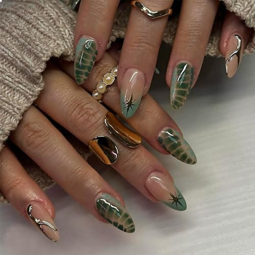 GlamRays 24pcs Press on Nails Medio Mandorla Unghie Finte Colla Lucida Unghie Verde Ombré Acrilico Unghie Stiletto Unghie Artificiali French Lace Nail
