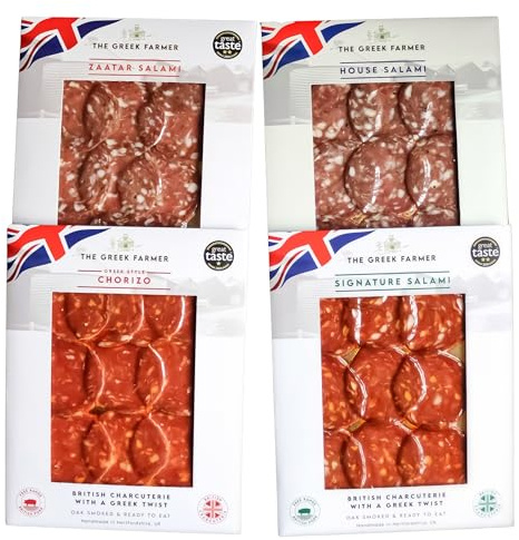 The Greek Farmer 4-Piece British Salami Letterbox Selection | Cured Meats & Cold Cuts | Artisan Charcuterie Gift Box | Free-Range Pork | 5-Star Great Taste Award | Ideal Foodie Gift & Savoury Hamper