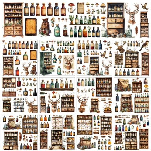 AHANDMAKER 12 Sheets Unique Pharmacist Bottle Rub On Transfer Stickers, Mushroom & Deer Transfer Window Paper Perfect for Home Aesthetic Enhancement, 5.5x5.5