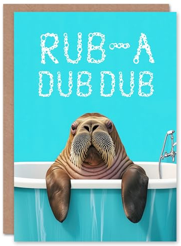Artery8 Greeting Card Walrus in Bathtub Bath Time Rub A Dub Funny Blank For Him Or Her Art Birthday Card