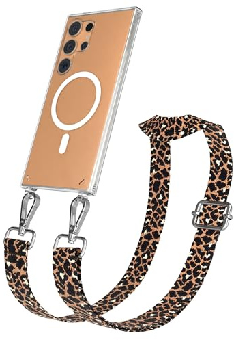 EAZY CASE Handykette - Verstellbares Taschenband kompatibel mit Galaxy S24 Ultra, Schulterriemen, Handykordel Silikon Hülle, Qi Charging kompatibel, Umhängetasche, Leo - Schwarz Braun Metall Silber