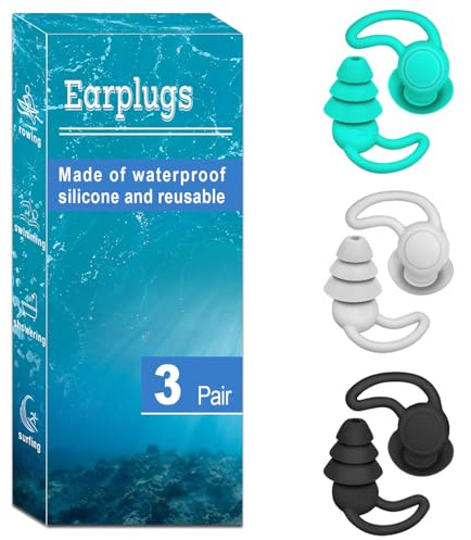 WOOPAOD 3 pares de tapones de silicona reutilizables para natación, color negro, gris y verde, perfectos para ducha, piscina, buceo