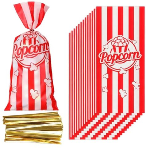 100 Stück Kunststoff-Süßigkeitentüten mit Bindebändern, 27,7 x 12,7 cm, rot-weiß gestreift, Popcorn-Plätzchenbeutel für Zirkus, Karneval, Geburtstag, Partygeschenke, Kinder-Geschenkverpackung