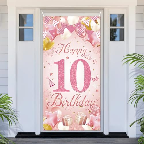 PartyYaa 10. Geburtstagsbanner Deko, 10. Geburtstag Tür Banner, Rose Gold Happy Birthday Banner Türabdeckung Fotoautomaten Schild Poster Party Deko für Drinnen und Draußen