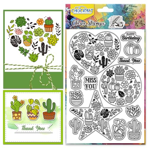 CHGCRAFT Topfpflanze Clear Stempel Blätter Blumen Sukkulenten Kaktus Transparentes Prägestempel Silikon Stempel Siegel für DIY Scrapbooking und Kartenherstellung Papier Handwerk Dekor 6,3 × 4,3 Zoll