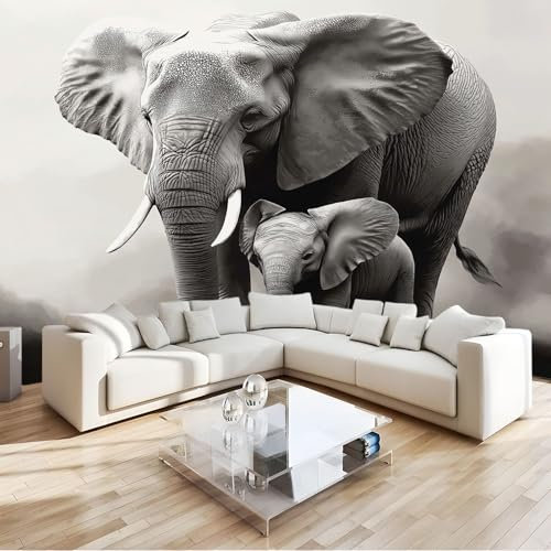 350 x 256 cm Papel pintado fotográfico 3D, Animal Madre Elefante Bebé Elefante Simple Fotomurales Tejido No Tejido Murales Fotográfico Moderno Decoración de Paredes para salón o dormitorio, Gris