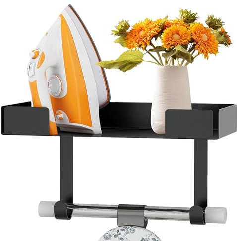 Wall Mount Iron Holder, Floating Ironing Board Holder Made of Black Stainless Steel, Large Metal Ironing Board Holder with Hooks, Ironing Board Organiser for Bathroom, Bedroom, Laundry Room, 32 x 15