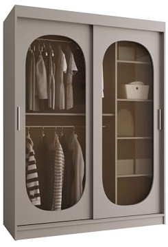 Mirjan24 Kleiderschrank Bimaza 150 mit Schubladen und Glastüren - Rauchglas, Schiebetürenschrank mit einlegeböden und Kleiderstange, Garderobenschrank (Cashmere, ohne Beleuchtung)