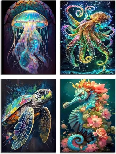 4 Pack Paint by Numbers for Adults,Ocean Themed Animals Paint by Numbers on HD Canvas,Marine Animals Painting by Numbers for Gifts and Home Decor 12X16 Inch